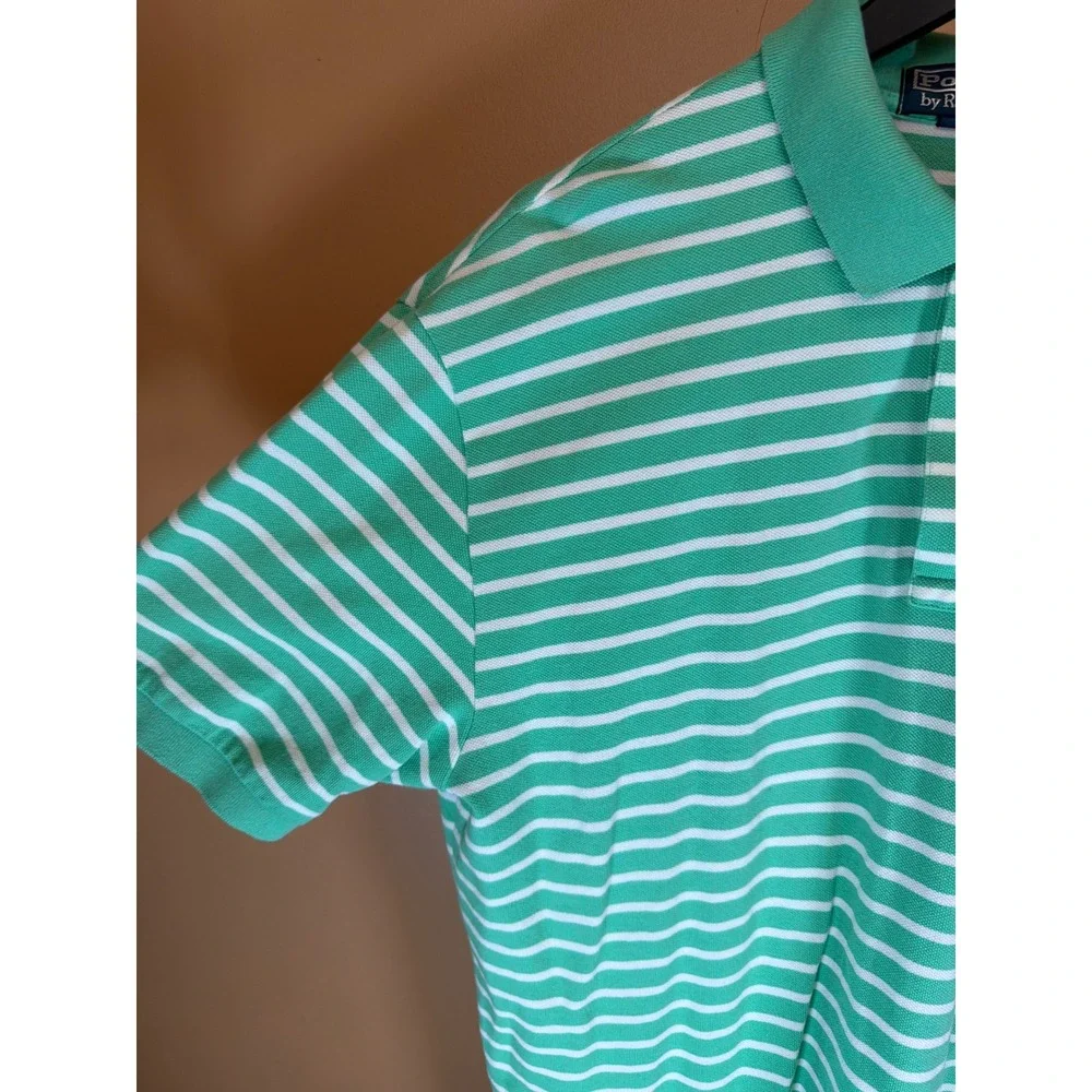 Polo Ralph Lauren Mens Green White Striped Short Sleeve Polo Shirt Orange Pony L